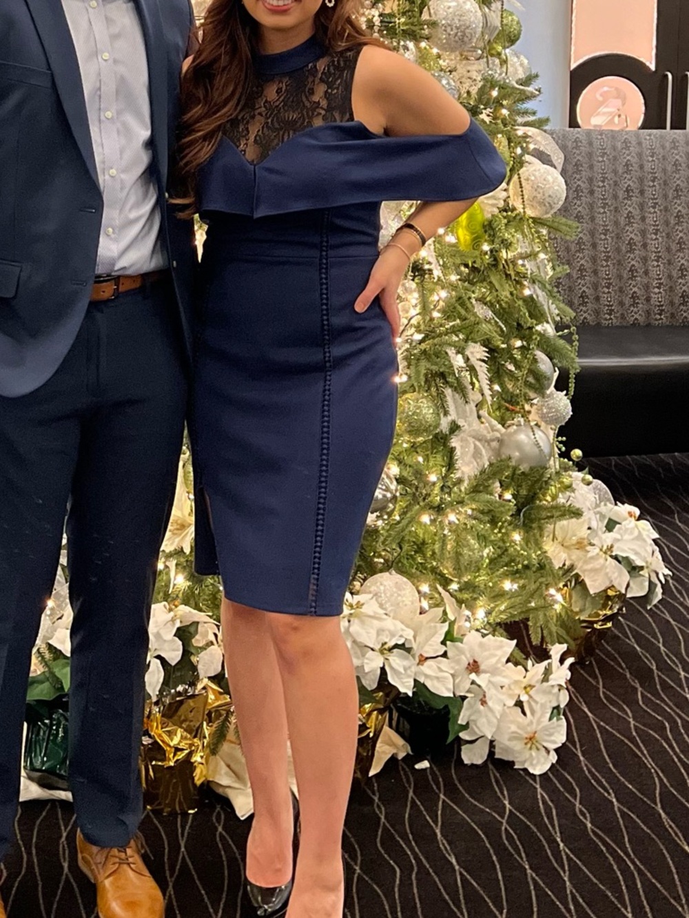 Women's Navy Lace Cold-Shoulder Dress